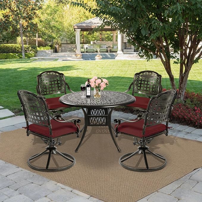MEETWARM 5-Piece Outdoor Patio Dining Set, All-Weather Cast Aluminum Patio Conversation Set with 4 Cushions Swivel Rocker Chairs for Backyard Garden Deck and 35.4" Round Table, Chili Red