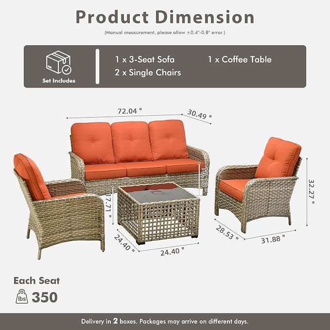 HOOOWOOO Outdoor Patio Furniture Set with Light Table,4 Pieces Wicker Conversation Set,All Weather High Back Couch Sofa Chairs Set,Orange Red