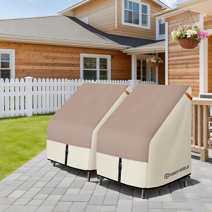 Porch Shield Patio Chair Covers - Waterproof Outdoor Lounge Deep Seat Lawn Chair Cover 2 Pack - 30W x 33D x 34H inch, Light Tan & Khaki