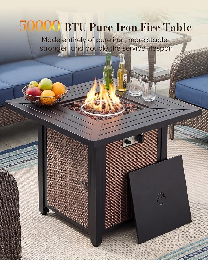 Belord Upgraded 6“ Cushion Luxury 7 Piece Patio Furniture Set with Fire Pit Table - Outdoor Furniture Set with High Back Swivel Rocker Patio Chairs, Conversation Set for Deck Porch Yard - Brown/Blue