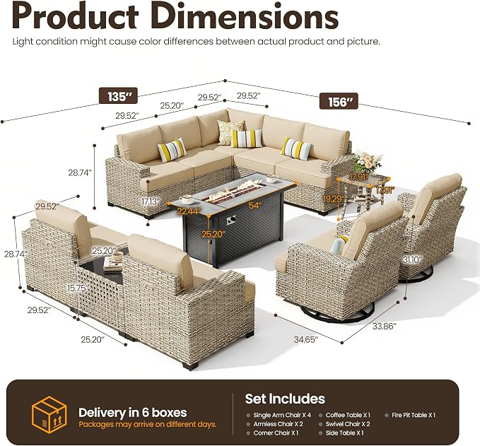 HOOOWOOO Sectional Patio Furniture Set with Fire Pit Table,12 Pieces Wicker Outdoor Furniture L Shaped Couch,Outside Conversation Set Extra Deep Sofa Wide Arm Swivel Chairs Solar Light,Beige