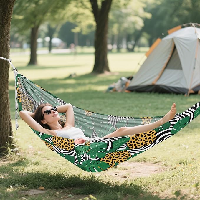Camping Hammock Outdoor Hammocks for Outside Leopard Tropical Leaf Beach Trees Portable Lightweight with Pockets Tree Straps Indoor Small