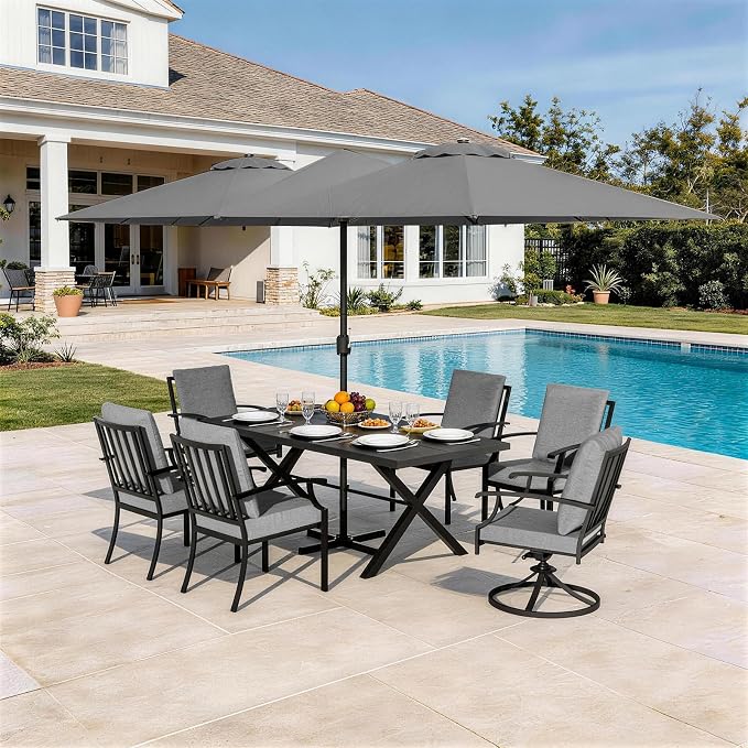 8 Pieces Patio Dining Set,Metal Outdoor Furniture Set Includes 13.6FT Grey Umbrella,Hole Cut-Out 78.7" x 35.4" Table and 6 Metal Backrest Chairs for Backyard,Garden,Grey