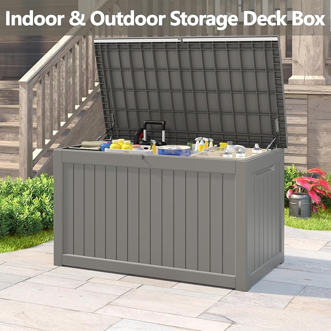 KAMABOKO 260 Gallon Outdoor Storage Box, Resin Deck Boxes Indoor and outdoor, Waterproof Storage Box Lockable Lid for Garden Tools, Package Delivery, Patio Cushions, Grey