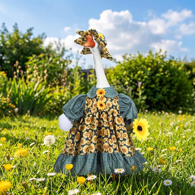 Soulchen 1 Set Sunflower Porch Goose Outfit 23 Inch Summer Sunflower Cement Goose Clothes Dress and Hat Costume Set for Back to School Summer Lawn Garden Yard Decor
