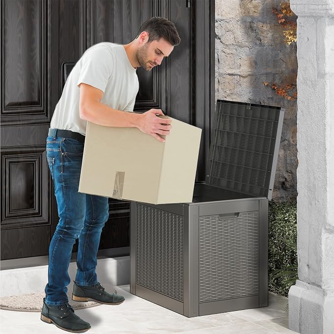 KAMABOKO 30 Gallon Outdoor Storage Box, Resin Deck Boxes Indoor and outdoor, Waterproof Storage Box Lockable Lid for Garden Tools, Package Delivery, Pool Supplies, Patio Cushions, Grey