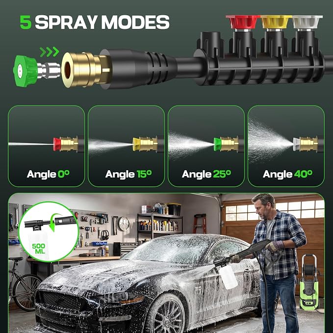 Electric Pressure Washer 5000 PSI Adjustable Pressure, Power Washer Electric Powered with 33ft Pressure Hose, 4 Nozzles and 500ml Foam Cannon, Powerwashers for Home, Green