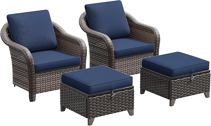 4 Pieces Patio Outdoor Conversation Furniture Set with Cushions, All-Weather Wicker Ottomans, PE Rattan 2 Chairs for Backyard, Deck, Lawn (Navy Blue)