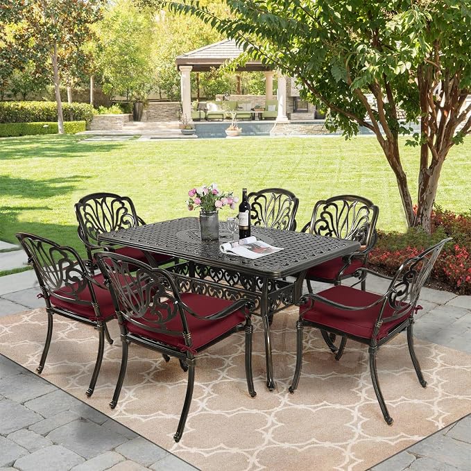 MEETWARM 7-Piece Outdoor Patio Dining Set, 6 Outdoor Dining Cushioned Chairs and 1 Rectangle Table with 2" Umbrella Hole, All Weather Cast Aluminum Patio Funiture Set for Backyard, Chili Red