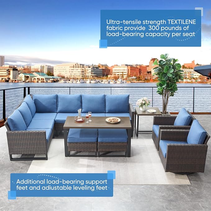 Belord Outdoor Sectional Sofa 6 Seater L Shaped Couch Wicker Patio Conversation Furniture Set Rattan Outdoor Furniture with Removable Washable Cushion, Brown/Blue