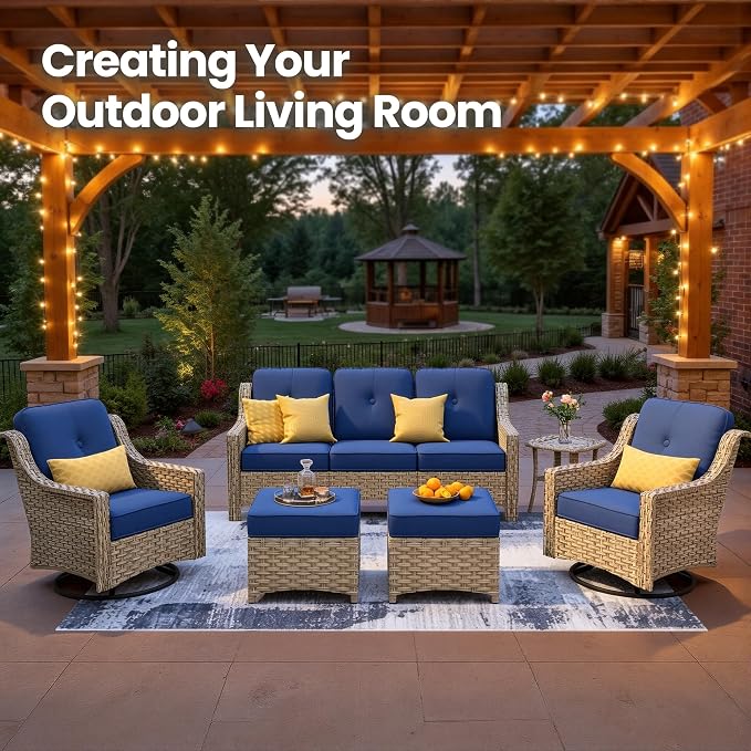 6 Piece Patio Furniture Set with Swivel Rocker Chairs, Outdoor Wicker High Back Sofa Glider Chair Ottoman with Cushion, All Weather Conversation Sets for Backyard Poolside Deck, Navy Blue