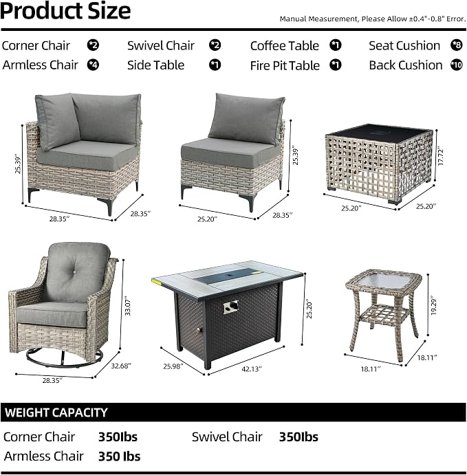 CAODOC 11 Pieces Outdoor Patio Furniture Set, Rattan Wicker Sectional Swivel Rocker Chairs Sets with Fire Pit, Swivel Glider Chairs, and Solar Powered Table