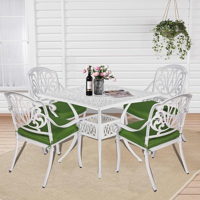5-Piece Outdoor Patio Dining Set, All-Weather Cast Aluminum Patio Table Set, Include 4 Cushioned Chairs and a 35.4 inch Square Table w/Umbrella Hole for Balcony Garden Backyard, Green