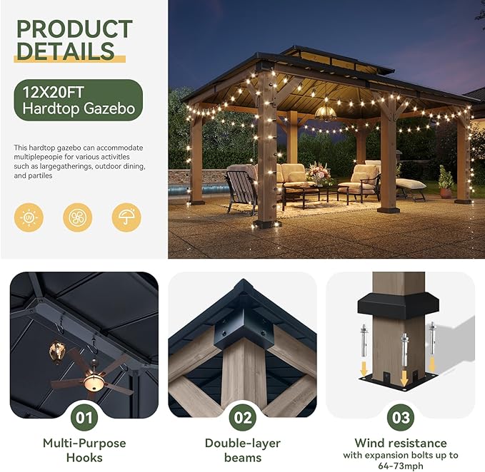 Aoxun 12' x 20' Outdoor Wood Gazebo, Hardtop Gazebo with Galvanized Steel Roof, Permanent Wooden Pavilion with Ceiling Fan, for Backyard, Cedar Wood, Grey