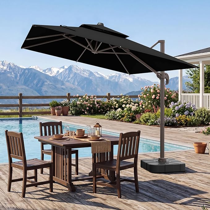 VEGOND 10x13 FT Patio Cantilever Umbrella with Base, Rectangular Heavy Duty Offset Umbrella for 8-10 People, 360°Rotation & Mult Tilt, Double Top Design, for Pool Garden Deck (Black)