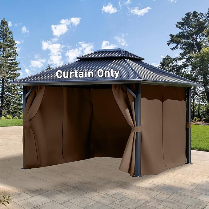 Aoodor 10x12 ft Outdoor Gazebo Curtains, 4 Panels Waterproof Privacy Sidewall Replacement with Zipper for Patio Pergola and Canopy, Brown