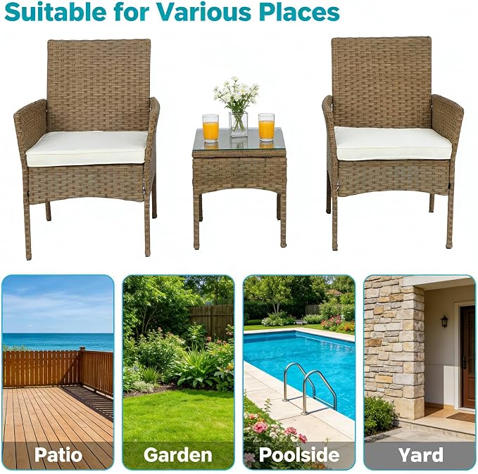 UNITED FLAMES 3-Piece Outdoor Wicker Bistro Set, PE Rattan Patio Chairs & Side Table with Cushions, Weather Resistant Conversation Set for Balcony, Porch, Garden (Beige)