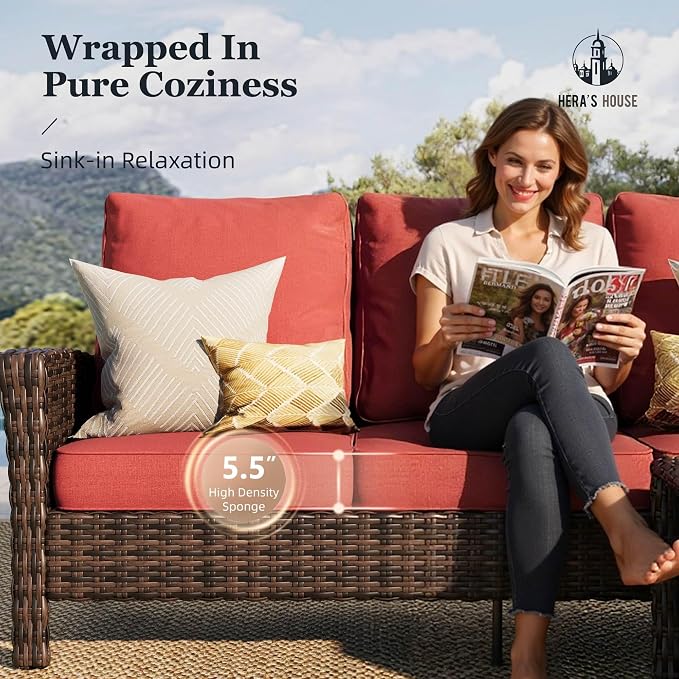 HERA'S HOUSE 5-Piece Patio Furniture Set with Outdoor Swivel Chairs & Fire Pit, High Back Wicker Conversation Sets with 5.5" Thick Cushions, All-Weather Deep Seating Sofa, Red