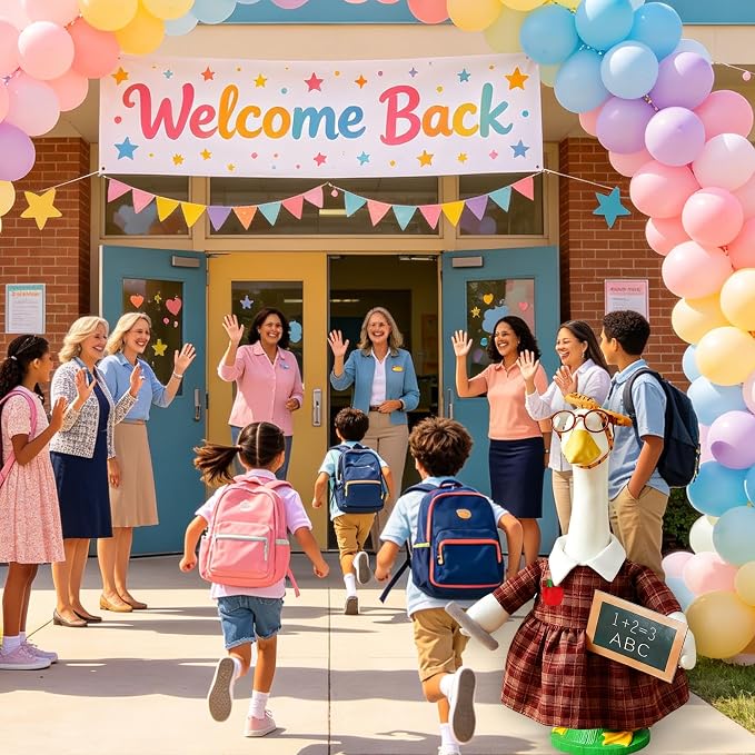 Back to School Porch Goose Outfit β Teacher Costume Set with Ruler Headpiece, Glasses, Plaid Skirt, Exam Papers & Chalkboard Prop for 23'' H Plastic/Cement Statues, Classroom Yard Garden Decor