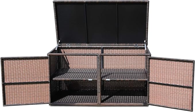 Tangkula 73 Gallon Outdoor Wicker Storage Box, Garden Deck Bin with Steel Frame, Rattan Storage Box with Lid, Ideal for Storing Tools, Accessories