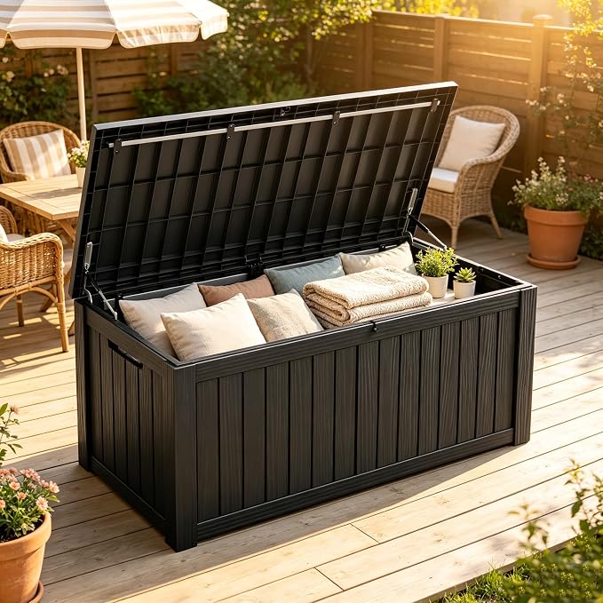 Fancyango 140 Gallon Outdoor Deck Box Waterproof, Large Storage Box for Patio, Resin Storage Bench Lockable for Garden Tools, Package Delivery, Black