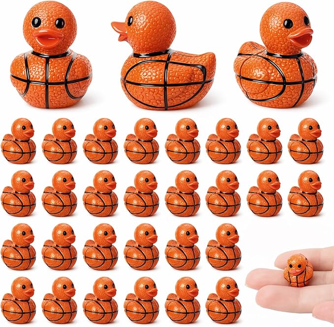 30 Pcs Basketball Ducks, Mini Basketball Resin Ducks Bulk, Fun Printed Toy Figures for Sports Party Favors, Themed Decor, Kids Gift Collection (Basketball)