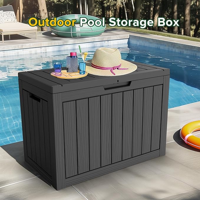 45 Gallon Outdoor Deck Box, Lockable Waterproof Outdoor Storage Boxes For Garden Tools,Indoor Cushions,Accessories Outside Storage Resin Weatherproof Container(Black)