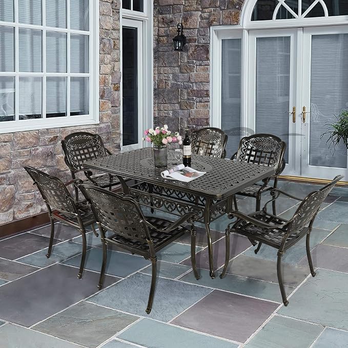 VIVIJASON 7-Piece Patio Furniture Dining Set, All-Weather Cast Aluminum Outdoor Conversation Set, Include 6 Chairs and a Rectangle Table with Umbrella Hole for Balcony Lawn Garden Backyard