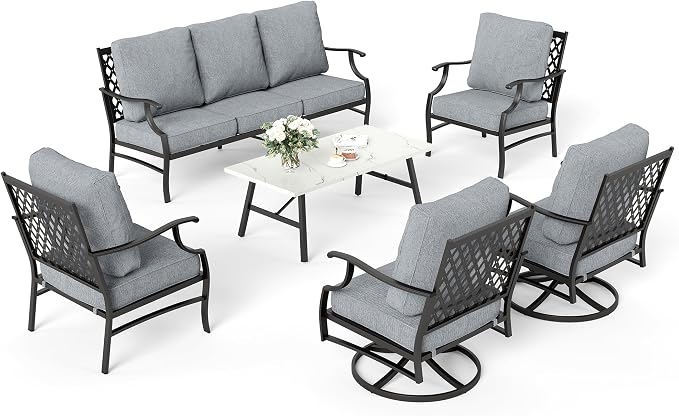 SUNSHINE VALLEY 6 Piece Metal Outdoor Patio Furniture Set, Patio Conversation Sets 1 3-Seater Sofa, 2 Swivel Chair, 2 Leg Chair with 5.75" Thick Cushion and Coffee Table, Backyard Furniture Set, Gray