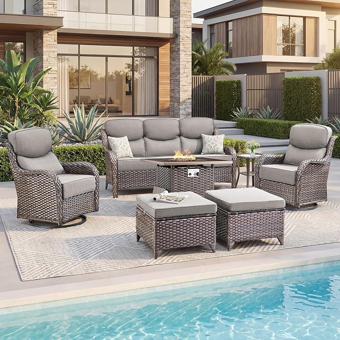Luxury Patio Furniture Set with 6-inch Thick Cushion, Outdoor Furniture with Fire Pit Table, Swivel Chairs, Sofa, Side Table, Ottomans, 7pcs Wicker Conversation Set (Brown Wicker | Grey Cushion)