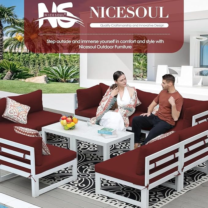 NICESOUL 12 Pcs Large Modern Aluminum Patio Furniture Set, L Shaped All Weather Modular Sectional Sofa with Coffee Table, 500 lbs Heavy Duty Comfortable Outdoor Couch for Poolside Backyard, Burgundy