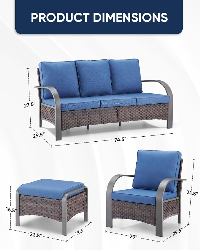 HUMMUH Outdoor Patio Conversation Furniture Sets-Deep Seating Wicker Patio Chairs with Patio Sofa Set Outdoor Patio Furniture for Deck Porch Garden Poolside Backyard-Brown/Blue