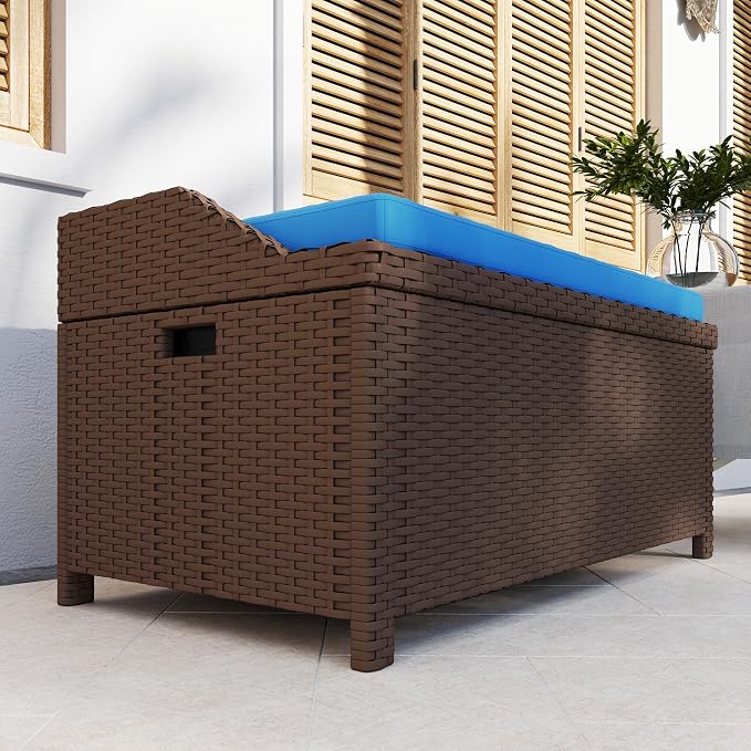 Outsunny Outdoor Wicker Storage Bench Deck Box, PE Rattan Patio Furniture Pool Storage Bin Container with Interior Waterproof Cloth Bag and Comfortable Cushion, Navy Blue