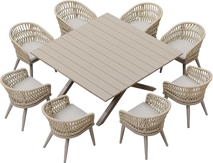 PURPLE LEAF 9 Pieces Outdoor Dining Set All-Weather PE Rattan Outdoor Patio Furniture Set with All Aluminum Frame Square Table and Chairs Set for Lawn Garden Backyard Deck, Champagne