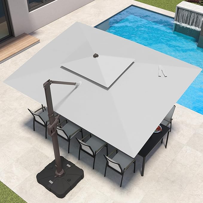 9x12 FT Patio Umbrella with LED Lights Cantilever Outdoor Large Heavy Duty Rectangle Aluminum Offset Umbrellas Double Top 360 Rotation 7 Tilt Adjustment for Pool Deck Garden, Fog grey