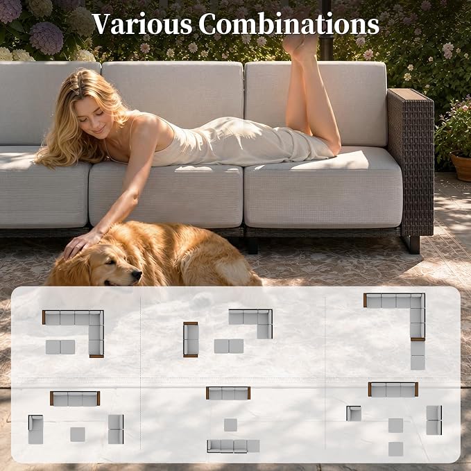 LazySunsets Patio Furniture Set, 8 Pieces Wicker Outdoor Sectional Sofa with 10'' Ultra-Thick Cushions & Ottomans, All-Weather Rattan Conversation Set for Backyard Poolside, Brown/Light Gray
