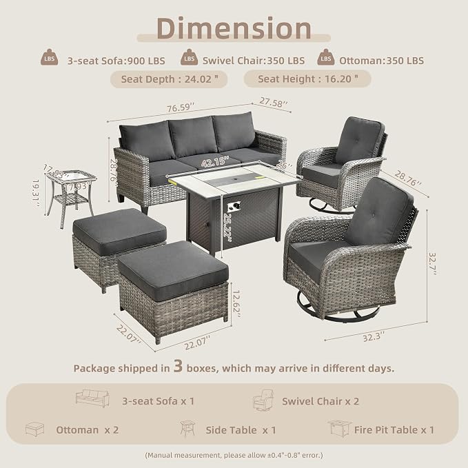 CAODOC 7 Pieces Outdoor Furniture,Patio Furniture with 42" Fire Pit Table,Wicker Conversation Set for Balcony,Deck,Pool and Backyard(Black)