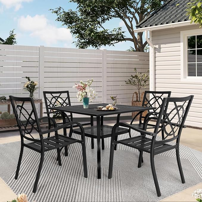 5 Piece Outdoor Patio Dining Set, Metal Patio Furniture Set Outdoor Square Slatted Dining Table with Umbrella Holes & 4 Stackable Chairs for Backyard, Garden