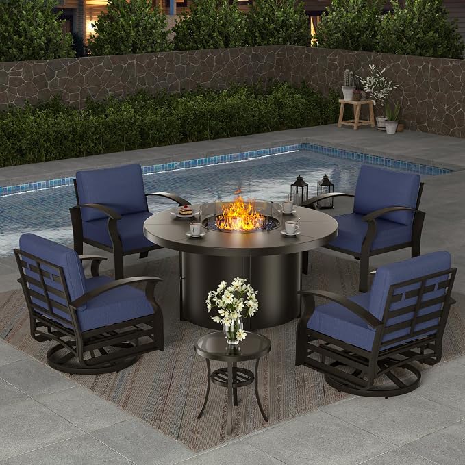 ALAULM Aluminum Patio Furniture Set with Coffee Table Rectangular, 5-seat Outdoor Sectional Furniture w/2 Swivel Chairs, Patio Conversation Set for Porch, Backyard,Blue