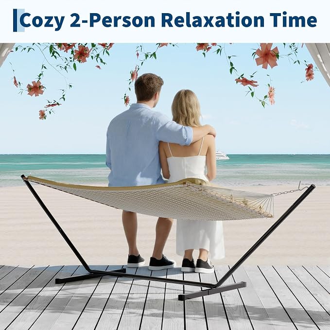 Takywep 2 Person Hammock with Polyester-Cotton Pad, 12FT Double Hammock with Wooden Spreader Bar, Removable Pillow, 450LBS Capacity, 2-in-1 Outdoor Hammock for Patio, Garden, Beach (No Stand)