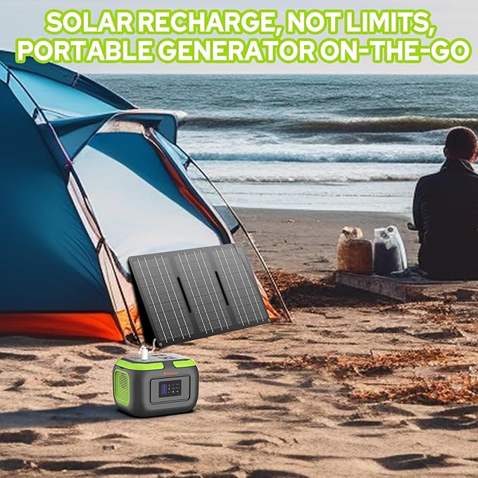 300W Solar Power Station Generator with Foldable 60W Solar Panel Charger, 110V Portable Solar Power Bank with AC Outlet for Camping Laptop Smart Devices RV Home VanLife Outdoor Power Outage