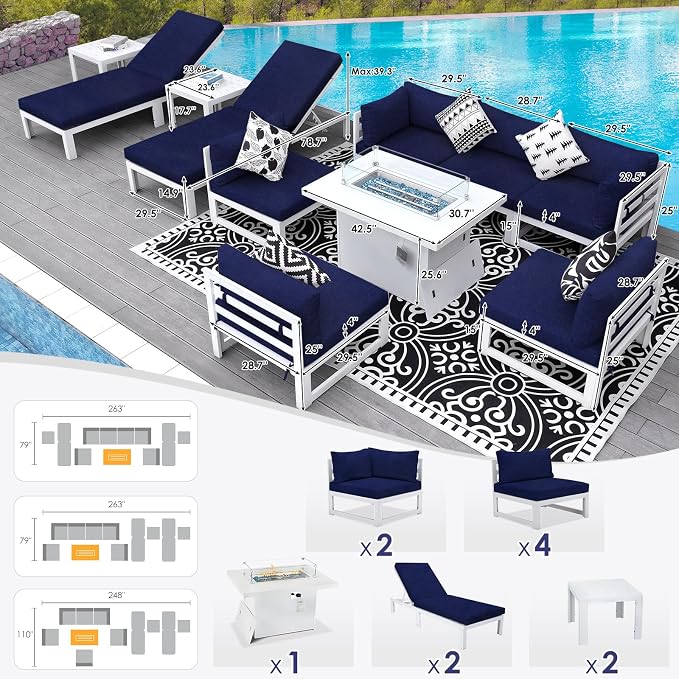 RADIATA 11 Pcs Oversized Contemporary Aluminum Patio Furniture Set, All Weather Modular Sectional Sofa with Tanning Chair & Fireplace, 500 lbs Heavy Duty Comfy Outdoor Couch for Beach Deck, Navy Blue