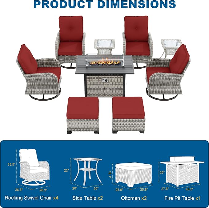 9-Piece Small Patio Furniture Set, Outdoor Swivel Rocking Chairs Set with 55,000 BTU Fire Pit Table Wicker Chairs and Ottomans, Patio Bistro Set for Balcony, Deck, Porch, Red