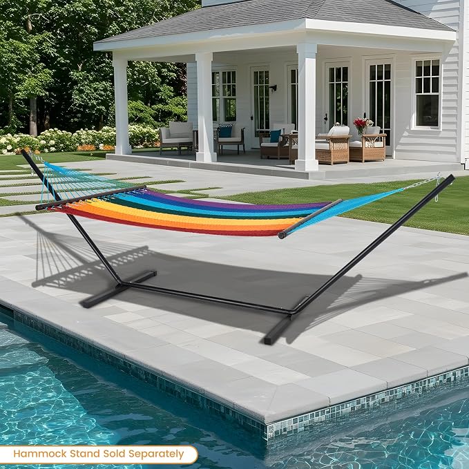 Lazy Daze Hammocks 10.5 FT Double 2 Person Caribbean Rope Hammock, Hand Woven Polyester Hammock with Spreader Bars, for Outside Outdoor Backyard Patio Poolside, 450 LBS Capacity, Rainbow