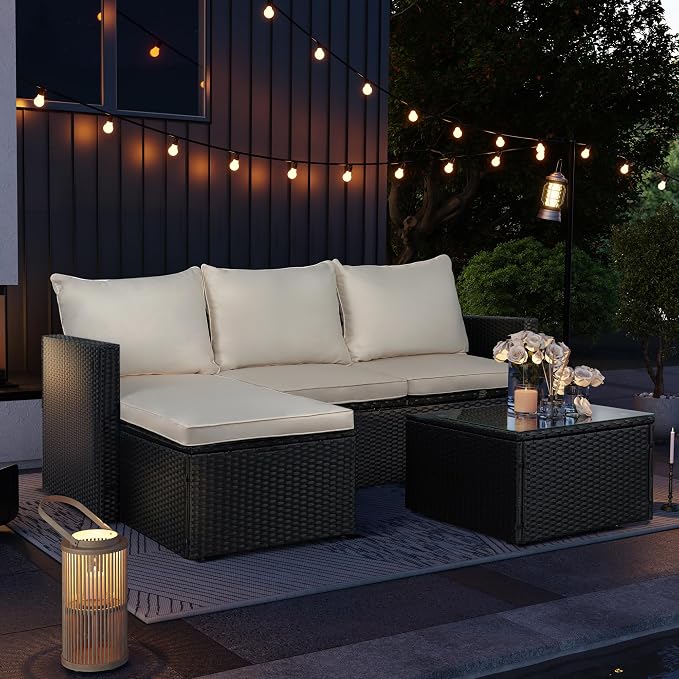 SUNLEI 3-Piece Patio Sectional Sofa, Patio Furniture Set with Detachable Soft Cushions, All Weather Outdoor PE Rattan Patio Conversation Sofa Set with Glass Coffee Table & Ottoman, Black Rattan/White