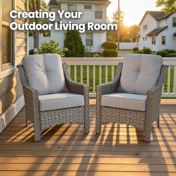 2 Piece Patio Furniture Set, Outdoor Wicker Chairs Set of 2 with Thick Cushion, Heavy Duty High Back Comfortable Chair for Small Balcony Porch Garden, Grey