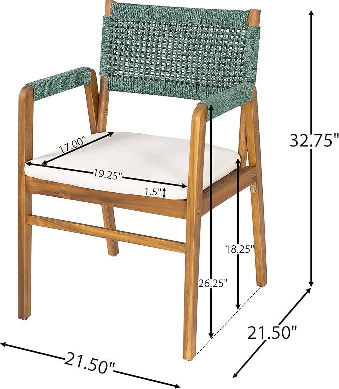 Christopher Knight Home Sky Acacia Wood Dining Table Set for 6, 7 Piece Patio Extendable Dining Table and Dining Chairs Set of 6 with Cushions & Rope Accents, Patio Furniture Set, Teak+Beige+Green