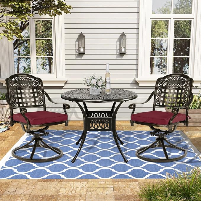 VIVIJASON 3-Piece Patio Bistro Set, Outdoor All-Weather Cast Aluminum Furniture Dining Set, Include 2 Swivel Chairs and 34.5" Round Table w/Umbrella Hole for Balcony, Lawn, Garden (Red Cushion)