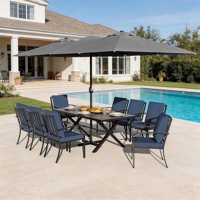 10 Pieces Patio Dining Set,Metal Outdoor Furniture Set Includes 13.6FT Grey Umbrella,Hole Cut-Out 78.7" x 35.4" Table and 8 Metal Backrest Chairs for Backyard,Garden,Navy