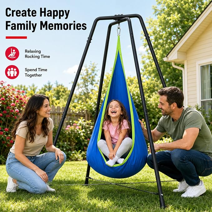Sensory Pod Hammock with Stand, X-Shaped Anti-Tip Base, Kids Indoor Nest, Outdoor Hanging Chair, Heavy-Duty Steel Frame, Secure 330LBS Comfort, Adults Calm Relax, Family Rooms Gardens Backyards, Blue